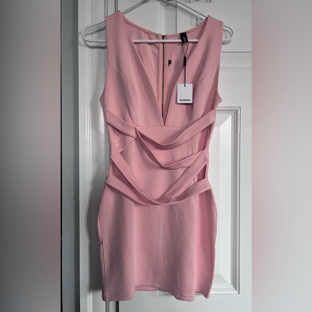 Clothink Blush Pink Bodycon Dress w/Plunge Neckline